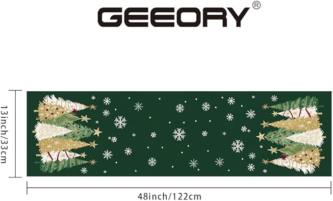 GEEORY Christmas Table Runner 13x48 Inch, Xmas Trees Snowflakes Holiday Decorative Farmhouse Table Decoration for Kitchen Dinning, Indoor Outdoor Dinner Party Decor (Green) GT152-48
