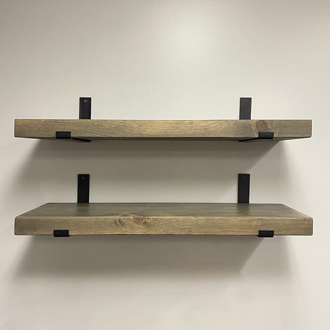 Rustic Shelves with J-Brackets Set of 2, Industrial Shelf, Kitchen Shelves, Solid Wood, Decorative Wall Storage, Heavy Duty, (Grey, 48Wx6D)