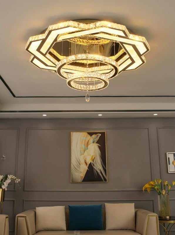 Flashing God Crystal Chandeliers Dia 32" Gold Chandelier Flush Mount Ceiling Light for Bedroom Living Room Dining Room Hallway Dimmable 3 Rings LED Celing Lighting Fixtures