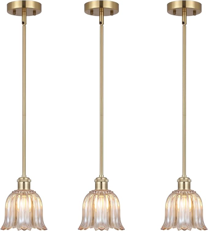 Modern Gold Pendant Light 3 Pack Brushed Brass Mid Century Chandelier Amber Glass Shades Adjustable Rods Farmhouse Ceiling Hanging Lighting Fixture Kitchen Island Dining Room Bedroom