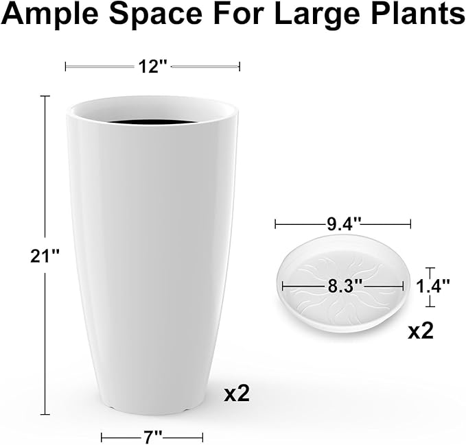 Tall Flower Pot Indoor - Outdoor Plant Pot - White Glossy Planter - Elegant Ceramics Imitation - 12" Diameter 21" Tall with Drainage Holes and Saucer