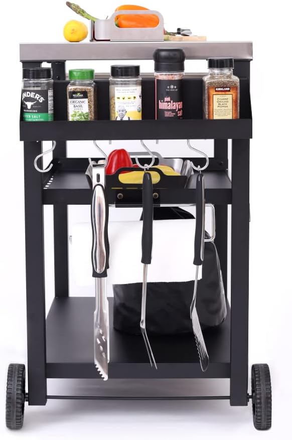 NUUK Three-Shelf Movable Outdoor Dining Cart Table, 20" x 32" NSF Stainless Steel Commercial Multifunctional Heavy Duty Kitchen Food Prep Worktable on Wheels