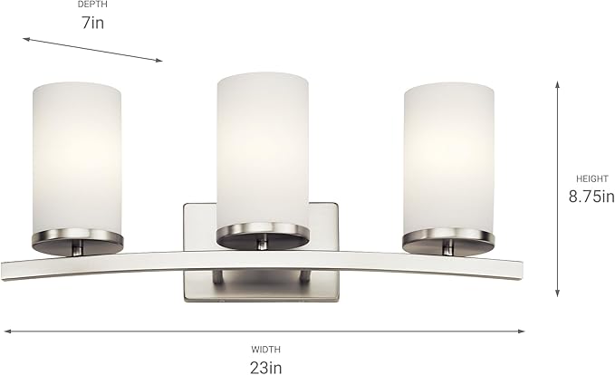 Kichler Crosby 23" Vanity Light in Brushed Nickel, 3-Light Contemporary Bathroom Light with Satin Etched Cased Opal Glass, (23" L x 8.75" H), 45497NI