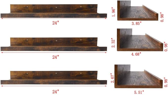 Giftgarden 24 Inch Floating Shelves Wall Mounted Set of 3, Rustic Large Wall Shelves Picture Ledge Shelf for Bedroom Living Room Bathroom Kitchen, 3 Different Sizes