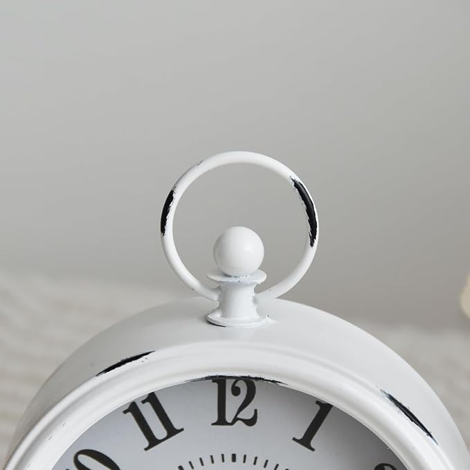 Small white table clock Vintage Rustic White Table Clock on Stand, Decorative Desk and Shelf Clock Farmhouse Mantel Clock Rustic Non-Ticking Clock