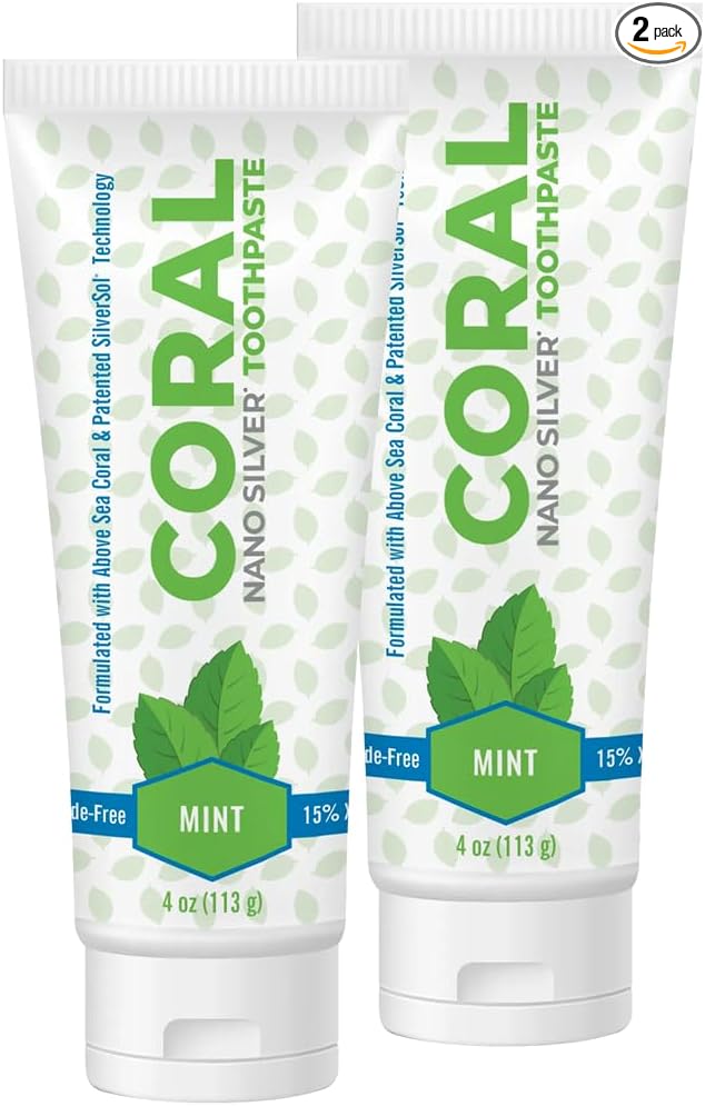 Coral White Nano Silver Mint Toothpaste, Natural Fluoride Free Teeth Whitening Toothpaste, Coral Calcium Nano Silver Infused SLS, Glycierin Free 4 Ounce (2 Pack)