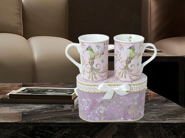 Lightahead Elegant Bone China Two Coffee Mugs Set in Bird Design 10.8 oz Each Cup in Attractive Gift Box
