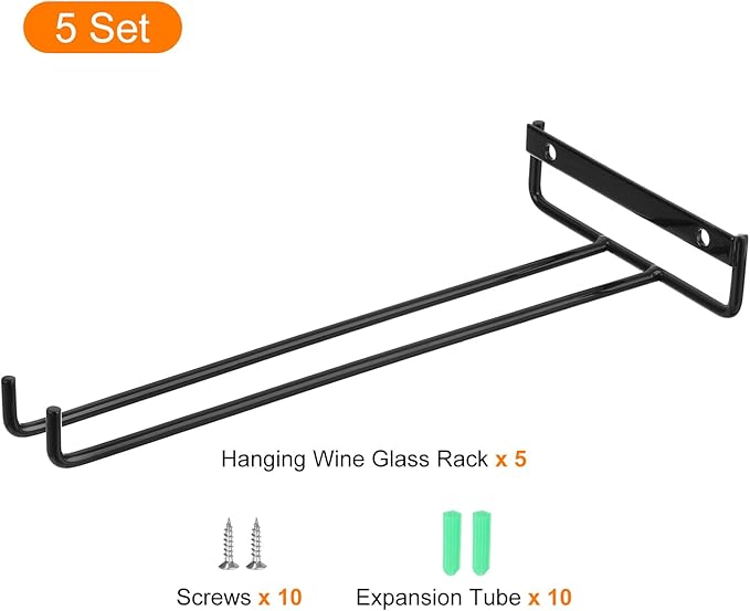 uxcell 5Pcs Wine Glass Rack, 10.43 Inch Iron Wine Glasses Rack Under Cabinet Stemware Rack - Wall Mountable Wine Glass Holder Storage Hanger for Bars Coffee Restaurants Kitchens, Black