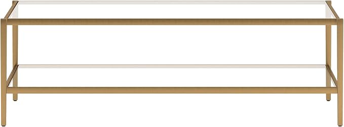 Henn&Hart 54" Wide Rectangular Coffee Table with Glass Shelf in Antique Brass, Modern coffee tables for living room, studio apartment essentials