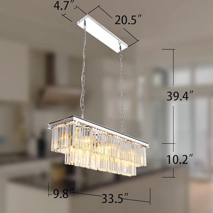 Luxury Chrome Rectangular Crystal Chandeliers Lighting Modern Pendant Ceiling Lights Rectangle Chandelier Lamp Fixture 8-Lights for Dining Room Kitchen Island