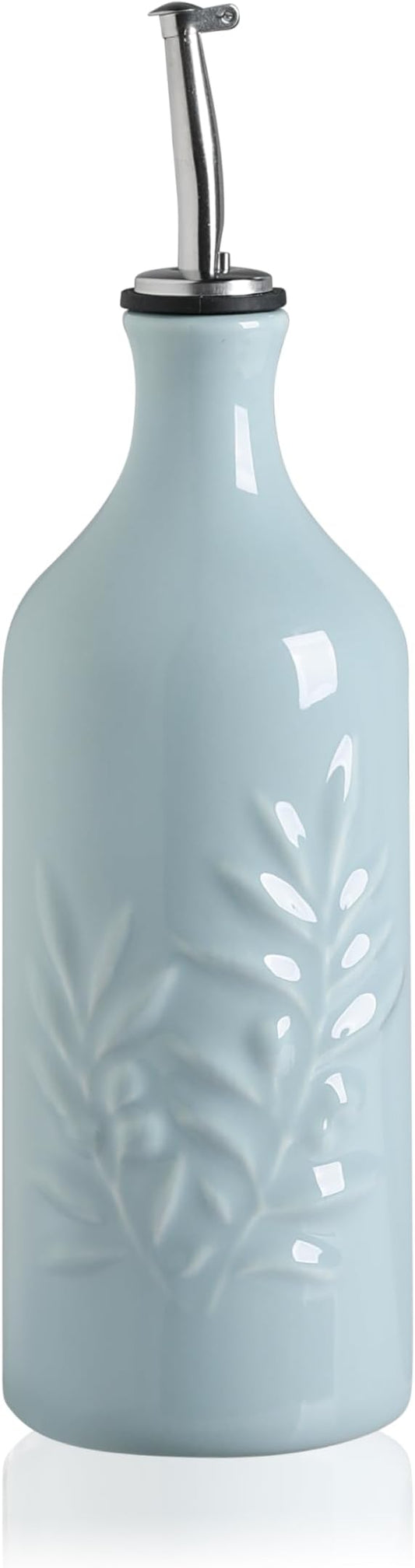 Sweejar Ceramic Olive Oil Dispenser Bottle, 20 Oz Relief Opaque Oil Cruet Protects Oil To Reduce Oxidation, Suitable for Storage Oil, Vinegar, Soy Sauce, Coffee Syrup, Liquids, Set of 1 (Light Blue)