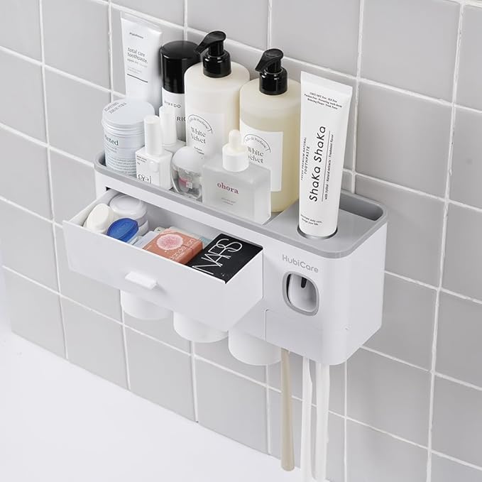 HubiCare Toothbrush Holder with Toothpaste Dispenser Wall Mounted for Bathroom, Automatic Toothpaste Squeezer, Bathroom Organization and Storage, 5 Toothbrush Slots (3 Cups)