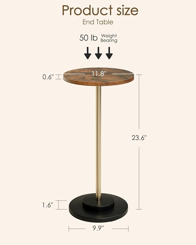 Masupu Drink Table, Round Side Table for Small Spaces, Pedestal Small End Table with Metal Base, for Living Room, Bedroom, Bathroom, Rustic Brown
