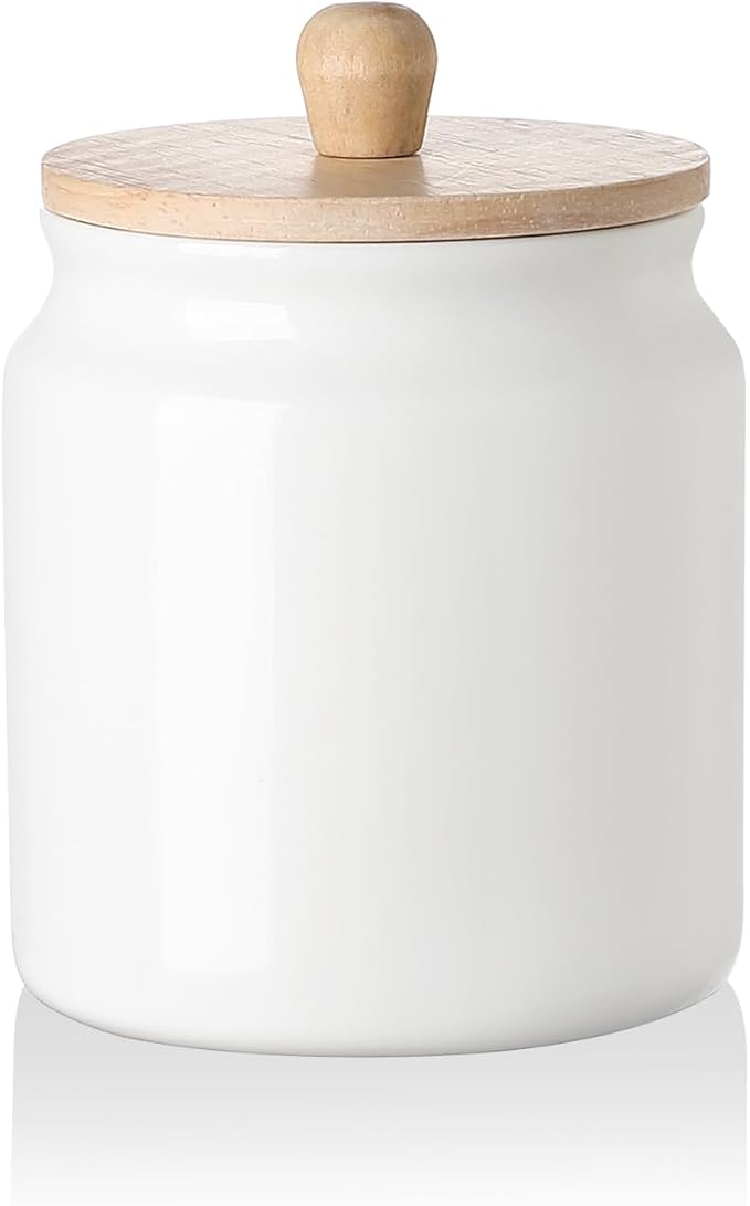 Sweejar Ceramic Kitchen Canisters, Porcelain Food Storage Jar with Airtight Seal Wooden Lid, Home Container Serving for Coffee Beans, Tea-leave, Sugar, Salt and More (White, XS(6.8 FLOZ))