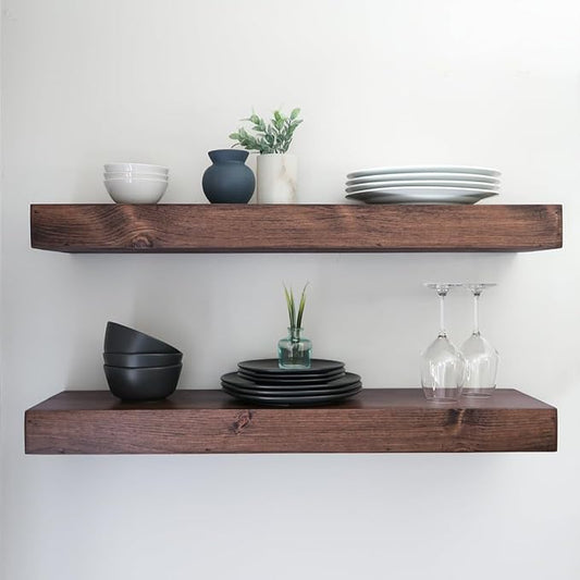Modern Floating Shelves 3 Inches Thick for Wall, Wide Shelves for Kitchen, Living Room, Bedroom, and Bathroom, Natural Pine Wood, Rustic Wooden Shelf, (Set of 2) (Provincial, 24Lx3Hx6D)