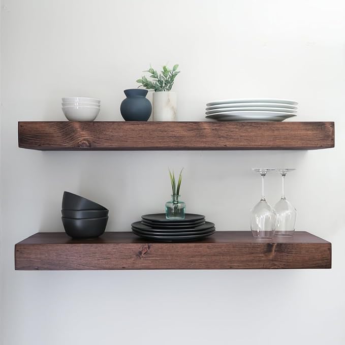 Modern Floating Shelves 3 Inches Thick for Wall, Wide Shelves for Kitchen, Living Room, Bedroom, and Bathroom, Natural Pine Wood, Rustic Wooden Shelf, (Set of 2) (Provincial, 48Lx3Hx8D)