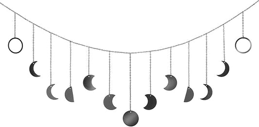 Mkono Moon Phase Wall Hanging Boho Aesthetic Room Decor Metal Moons Garland Hanging Art Bohemian Home Decoration for Girls Room Nursery Bedroom Livingroom Dorm, Ideal, Black, 55"