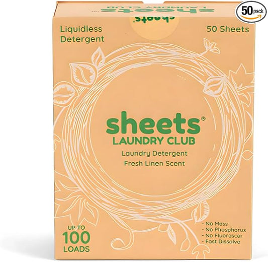 Sheets Laundry Club Laundry Detergent Sheets, 100 Loads - Fresh Linen Scent, Eco-Friendly, Quick-Dissolving Formula, Hypoallergenic, Septic Safe, Plastic-Free Packaging - 50 Sheets