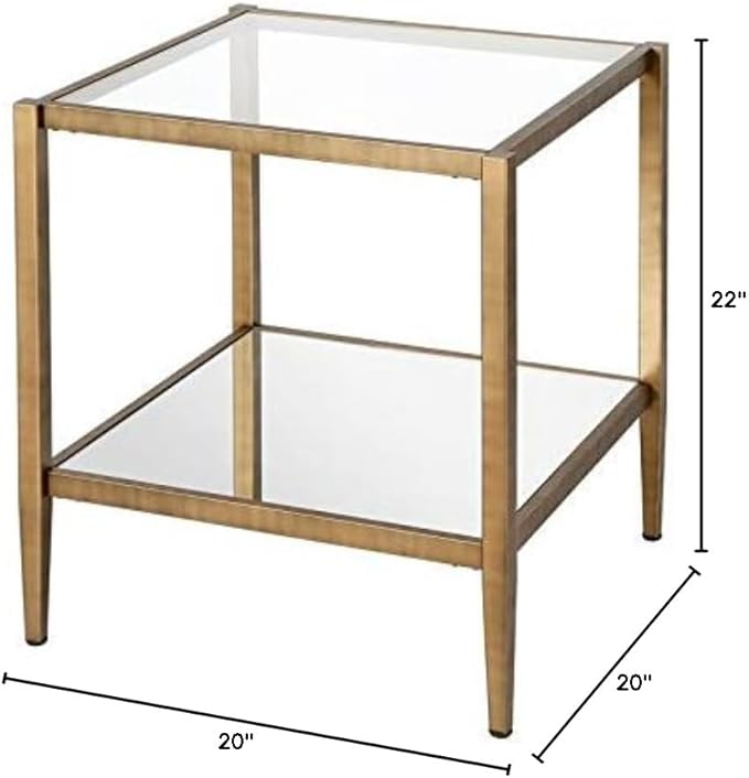 Henn&Hart 20" Wide Square Side Table with Mirror Shelf in Brass, Table for Living Room, Bedroom