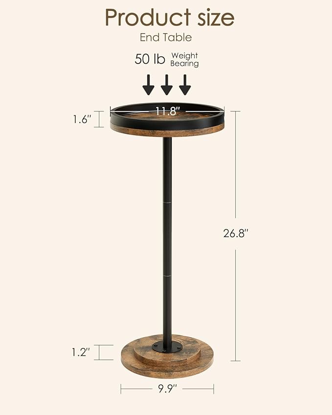 Masupu Drink Table, Round Side Table for Small Spaces, Pedestal Small End Table with Metal Base, for Living Room, Bedroom, Bathroom, Rustic Brown+Black(Lip)