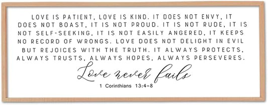 Love is Patient Kind Sign Wall Art 40"X15" 1 Corinthians 13 Bible Verse for Bedroom Above Over Bed Christianity Large Wood Framed Wall Hanging Decor (Wood）