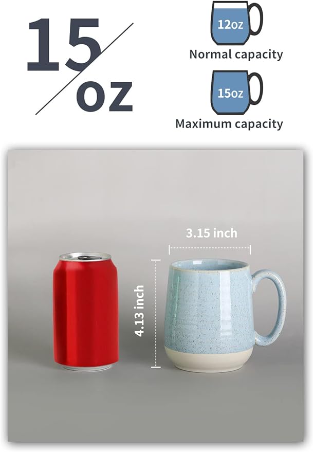 Hasense Porcelain Coffee Mugs Set of 6, 15 Ounce Large Ceramic Coffee Cups Set with Handle for Latte, Tea, Cocoa and Hot Chocolate, Sky Blue Coffee Mugs for Men and Women, Microwave Safe