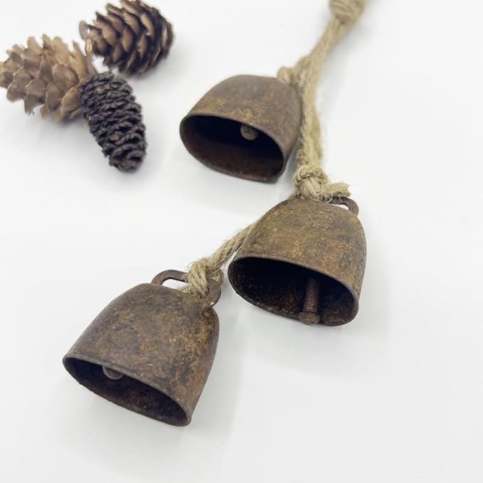 2pc Rustic Charm Bell - Handmade Hemp Rope Wind Chimes Hanging Decoration, Distressed Finish Cow Bell with Jute Hanging Rope, Perfect for Front Door, Outdoor, Window, and Home Decor,
