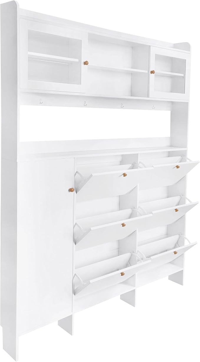 Ball & Cast Tipping Bucket 3-Tier Shoe Cabinet with 6 Flip Drawers and Storage Shelf,Entryway Hall Tree with Tempered Glass Doors and 4 Hooks,for Hallway,Mudroom,Living Room,White