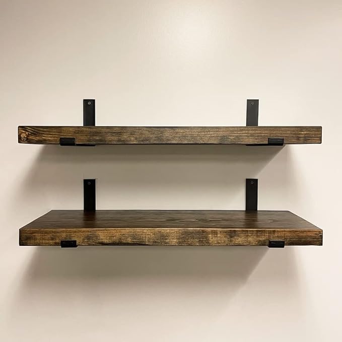 Rustic Shelves with J-Brackets Set of 2, Industrial Shelf, Kitchen Shelves, Solid Wood, Decorative Wall Storage, Heavy Duty, URBANDI (Dark Brown, 48Wx12D)