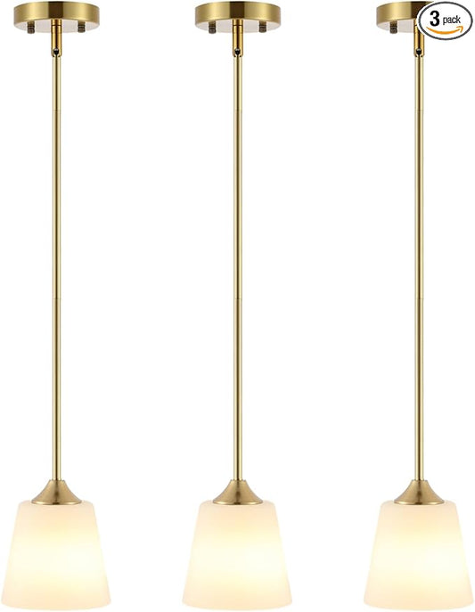 Modern Gold Pendant Light 3 Pack Brushed Brass Mid Century Chandelier White Cylinder Glass Shades Adjustable Rods Farmhouse Ceiling Hanging Lighting Fixture Kitchen Island Dining Room Bedroom