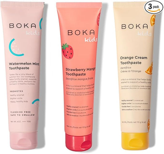 Boka Fluoride Free Toothpaste Nano Hydroxyapatite Toothpaste - Orange Cream, Watermelon Mint, Strawberry Mango Flavor, 4 oz 3Pk US Manufactured