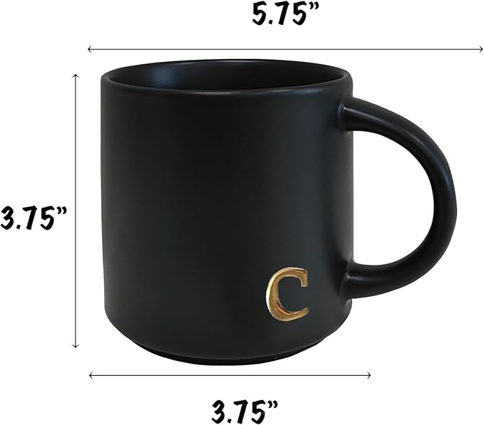 COLLECTIVE HOME - Black Monogram Ceramic Mugs, 15 oz Golden Initial Coffee Cups, Elegant Alphabet Tea Mugs, Personalized Halloween Mug with Gift Box, Perfect for Office and Home Décor (c)