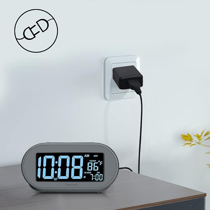 DreamSky Alarm Clocks for Bedrooms, Auto Set Digital Desk Clock for Bedside Nightstand, Electric Clock with Dimmable Brightness Dimmer, Auto DST, USB Port, Date, Temperature, Snooze
