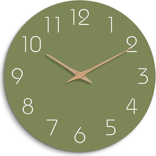 Mosewa Modern Wall Clock Silent Non-Ticking 14 Inch Olive Green Battery Operated Simple Minimalist for Living Room Office Bedrooms Kitchen Home Decor
