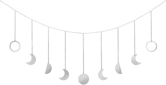 Mkono Moon Phase Wall Hanging Boho Aesthetic Room Decor Metal Moons Garland Hanging Art Bohemian Home Decoration for Girls Room Nursery Bedroom Livingroom Dorm, Ideal, Silver, 50"