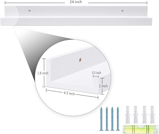 AZSKY White Floating Shelves Wall Mounted Set of 2, 24 Inch Picture Ledge Shelf for Storage Bedroom Bathroom Kitchen Living Room Office Modern Rustic Style Display Shelves (Solid Pine Wood)