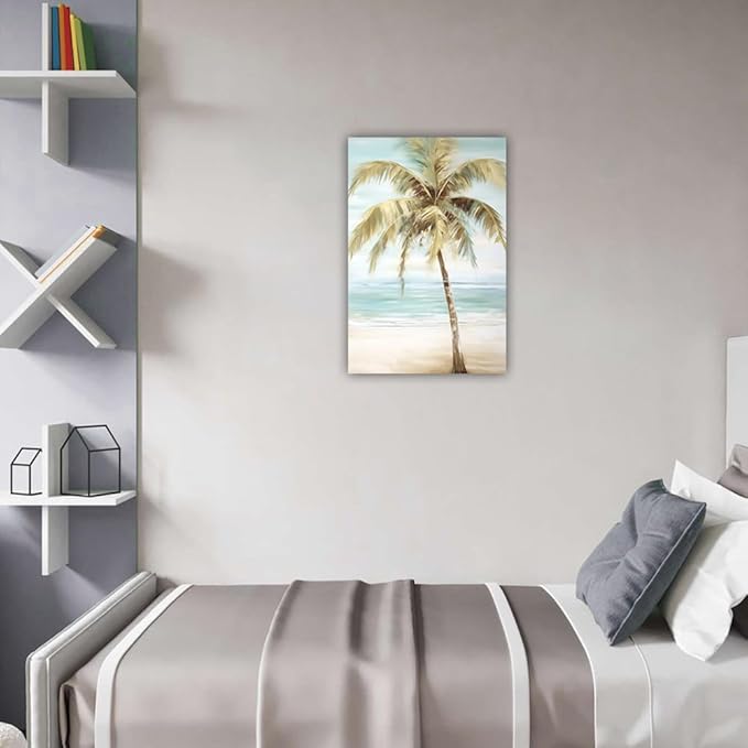 LURENCZH Tropical Beach Canvas Wall Art Seaside Palm Tree Picture Wall Decor Ocean Scenery Painting Prints for Bathroom Decor Framed(Beach-1,28.00" x 42.00")