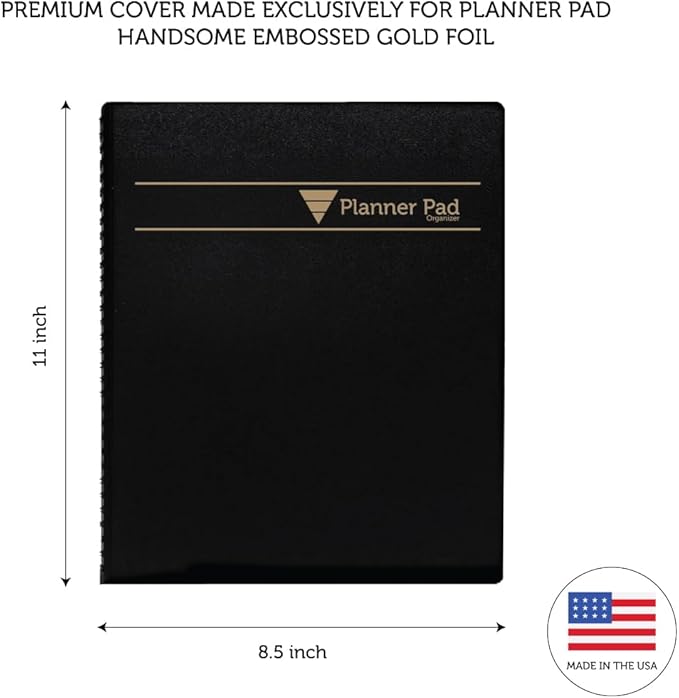 Planner Pad Spiral Bound 3-Tier Funnel Down 12 Month Organizer, October 2025 – September 2026, Black Cover/Black Ink, 8 1/2" x 11"