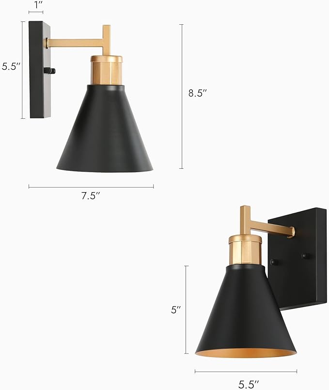 KSANA Black Gold Sconce, Modern Farmhouse Wall Sconces Lighting Fixture with Metal Shade for Bathroom, Kitchen, Bedroom and Stairway
