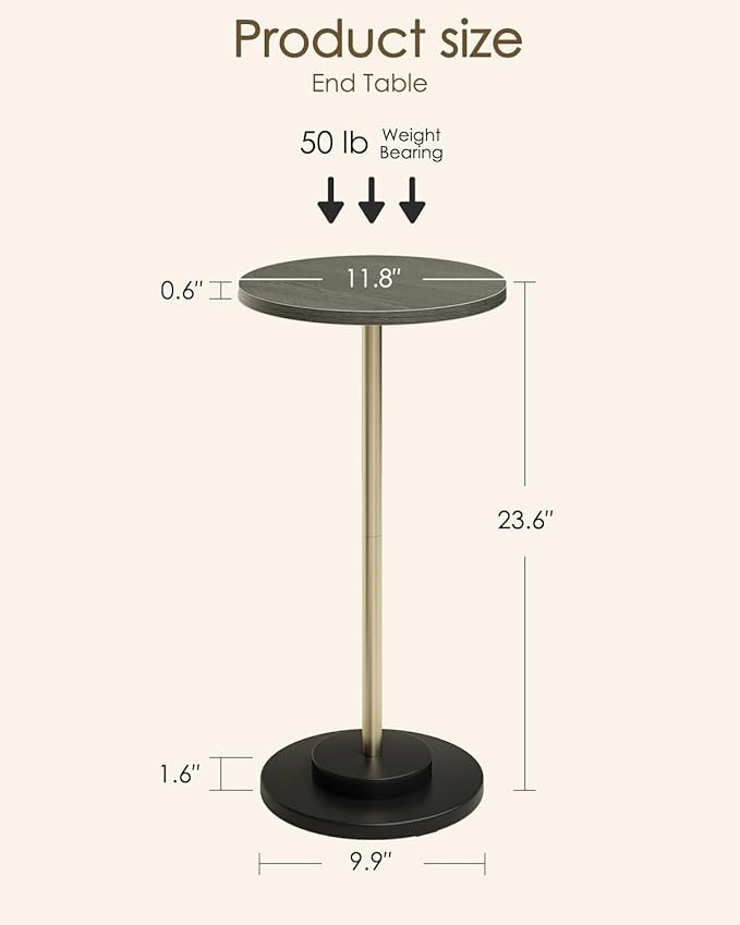 Masupu Drink Table, Round Side Table for Small Spaces, Pedestal Side Table, Small End Table with Metal Base, for Living Room, Bedroom, Bathroom, Grey