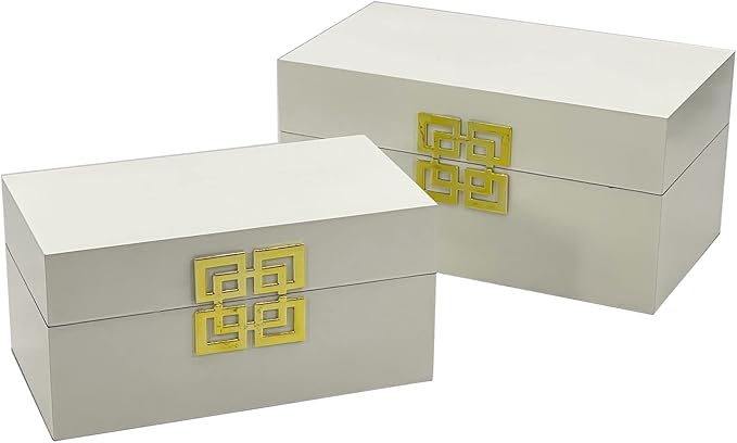 Galt International Large & Small Decorative Storage Box w/Hinged Lid - Classic Design Wood Decor Boxes with Geometric Opening Clasp - Home & Office Storage - Set of 2 (White + Gold)