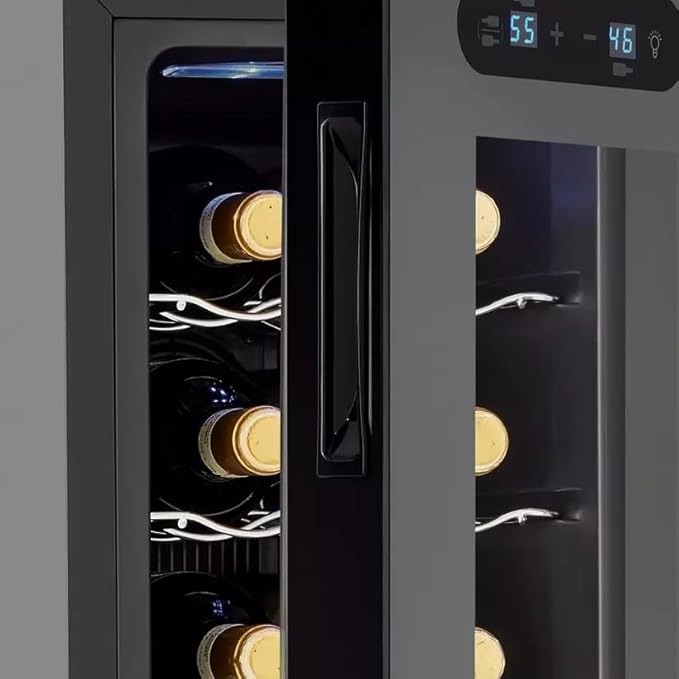Wine Enthusiast 18-Bottle Slimline Dual Zone Wine Cooler - Energy Efficient Freestanding Wine Refrigerator - Upright Bottle Storage, Adjustable Thermostat, Digital Touchscreen (20.5” x 10.7" x 36.8”)