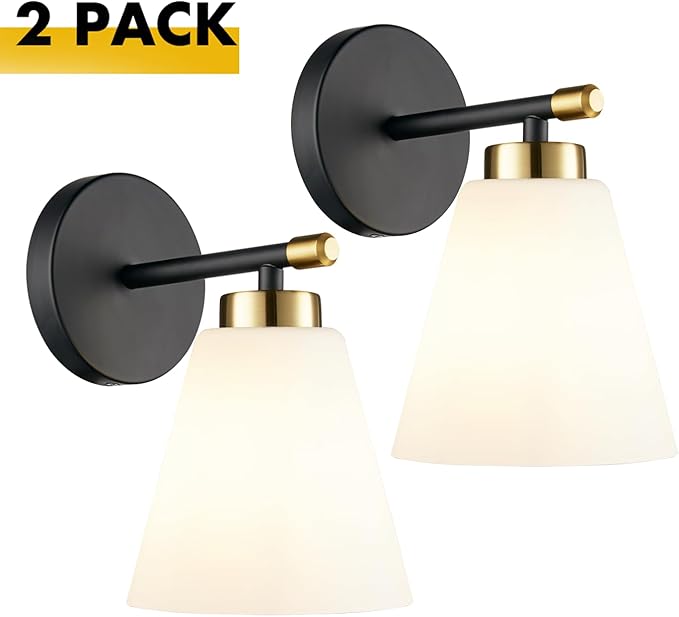 Hamilyeah Black and Gold Wall Sconces Set of 2, Modern Industrial Bathroom Sconces Wall Lighting with Milk Glass Shade, Wall Sconce Lighting Fixture for Living Room, Kitchen, Fireplace, Hallway