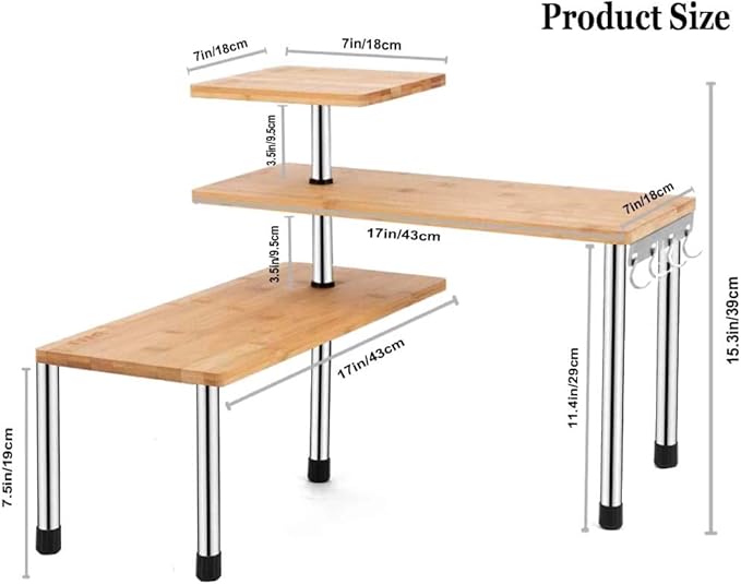 HYNAWIN Corner Shelf Bamboo & Metal Storage Spice Rack, 3 Tier Desk Bookshelf Display Shelves Space Saving Organizer, Adjustable Rack for Kitchen, Bed Room, Office-Best Home Décor (Upgraded Shelf)