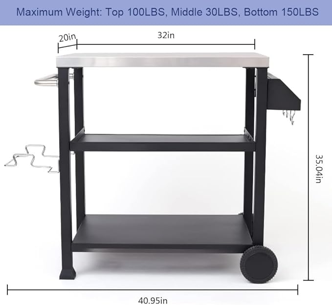 NUUK Three-Shelf Movable Outdoor Dining Cart Table, 20" x 32" NSF Stainless Steel Commercial Multifunctional Heavy Duty Kitchen Food Prep Worktable on Wheels