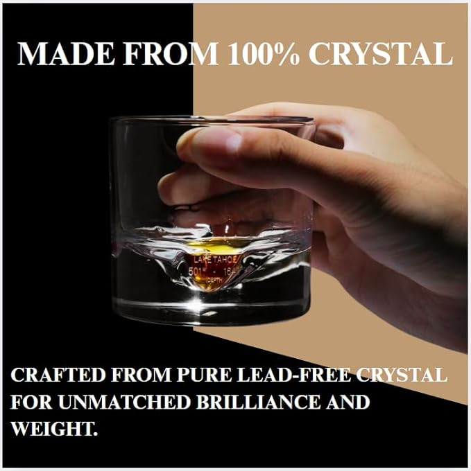 Lake Tahoe Heavy Crystal Whiskey Glasses Gift Set of 2, Thick Freezable Bourbon Glass 1lb Each, Premium Whiskey Gifts for Men, Frozen Crystal Chills Cocktails, 10 oz