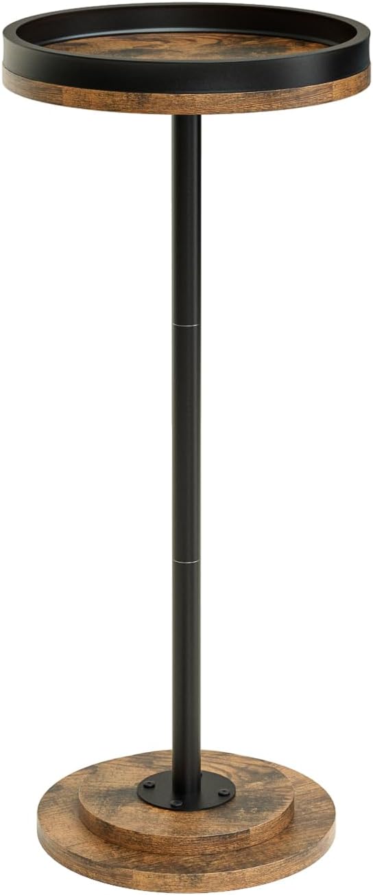 Masupu Drink Table, Round Side Table for Small Spaces, Pedestal Small End Table with Metal Base, for Living Room, Bedroom, Bathroom, Rustic Brown+Black(Lip)