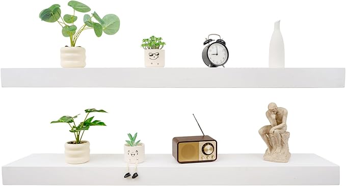 Floating Shelves 3 inch Thick for Wall Set of 2,Solid Pine Wood Wall Mount Shelf for Kitchen Living Room Bedroom Bathroom,8" D x 60" L x 3" H-White