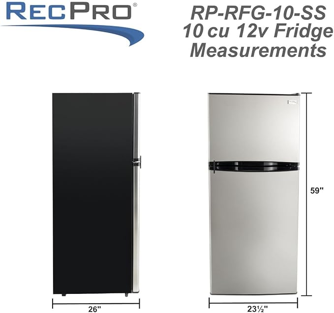 RecPro 10 Cu Ft 12V RV Refrigerator | Black Frost-Free Fridge with Freezer | Double Door, Adjustable Shelves, Reversible Door, Built-In Lock | 23.5”W x 26”D x 59”H | Off-Grid & Dry Camping Ready