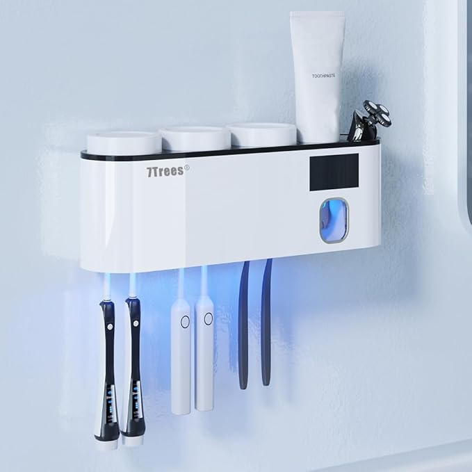 Toothbrush Cleaning Holder, Self Adhesive Toothbrush Holder with 3 Cups, Automatic Toothpaste Squeezer Dispenser Bathroom Accessories Set (White)